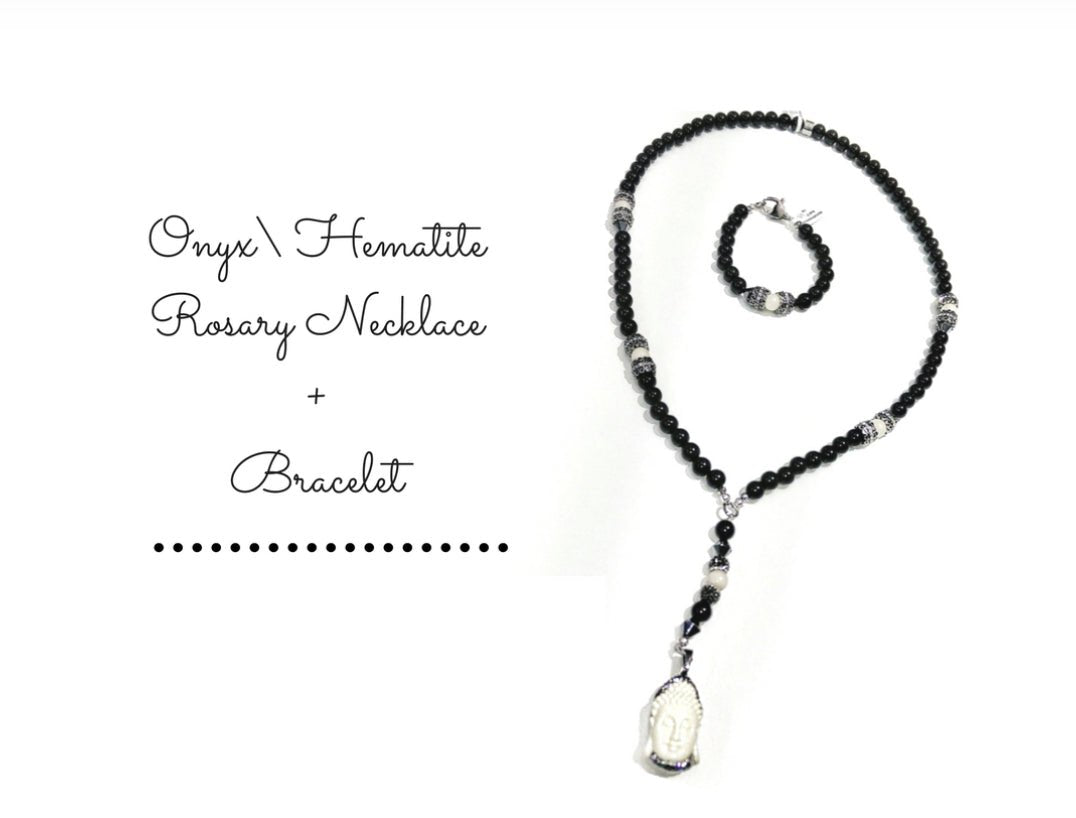 Onyx, Hematite and Swarosky Rosary + Bracelet  – Bachi Jewels